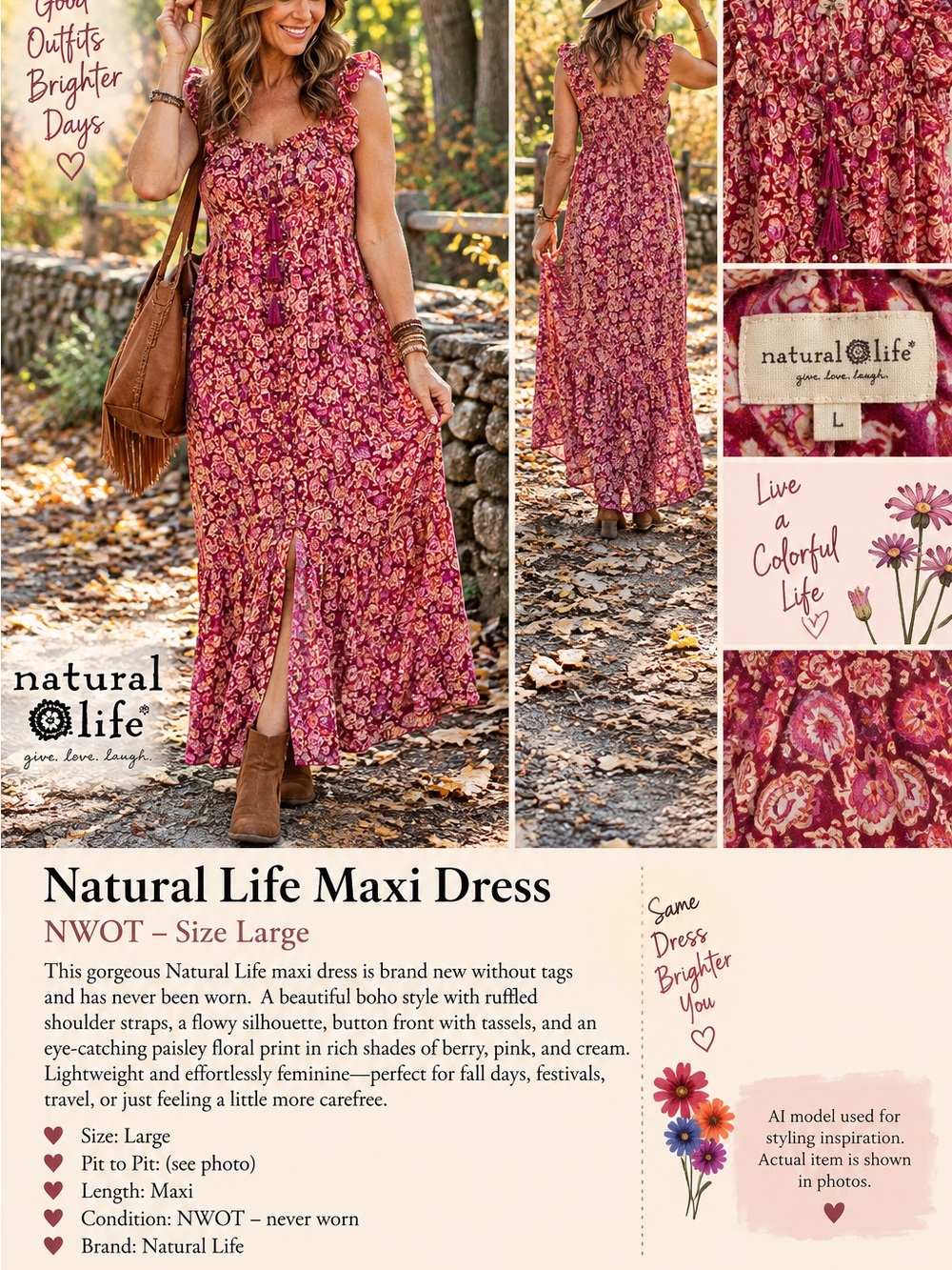 Natural Life Boho Paisley Maxi Dress Large NWOT | Fall Cottagecore Festival